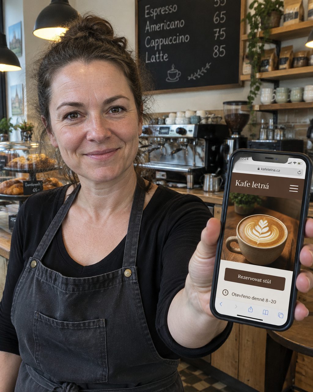Majitelka kavárny Kafe letná ukazuje svůj web na telefonu